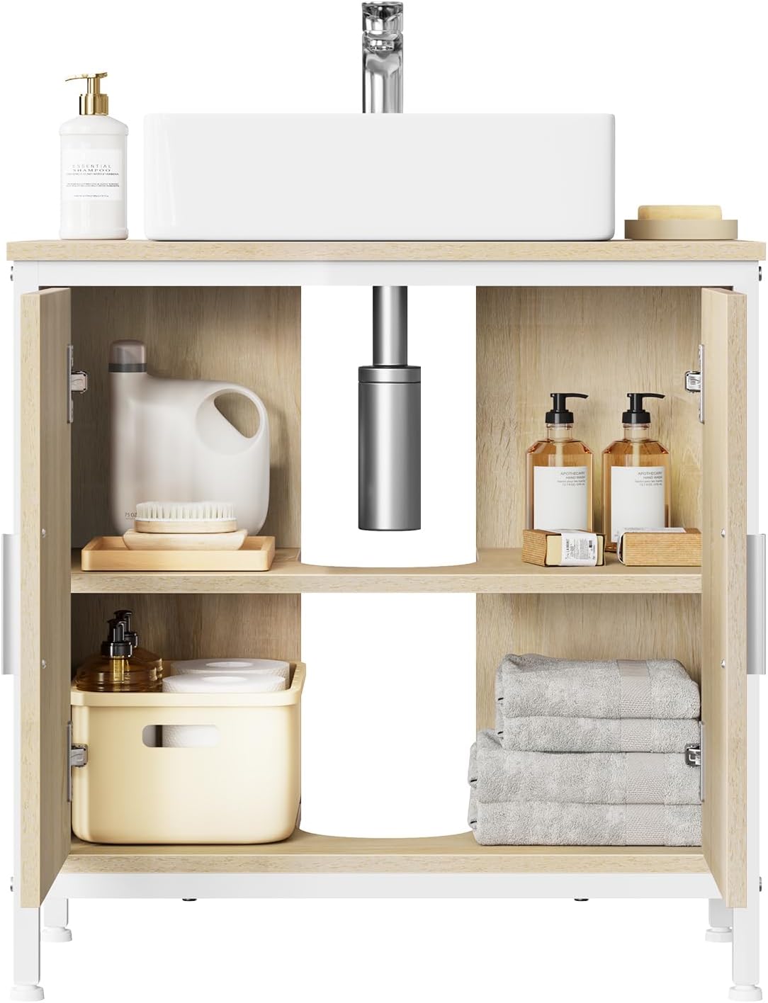 Meuble sous-lavabo EUGAD - 60 x 60 x 30 cm - blanc et chêne clair - avec cloison de séparation réglable