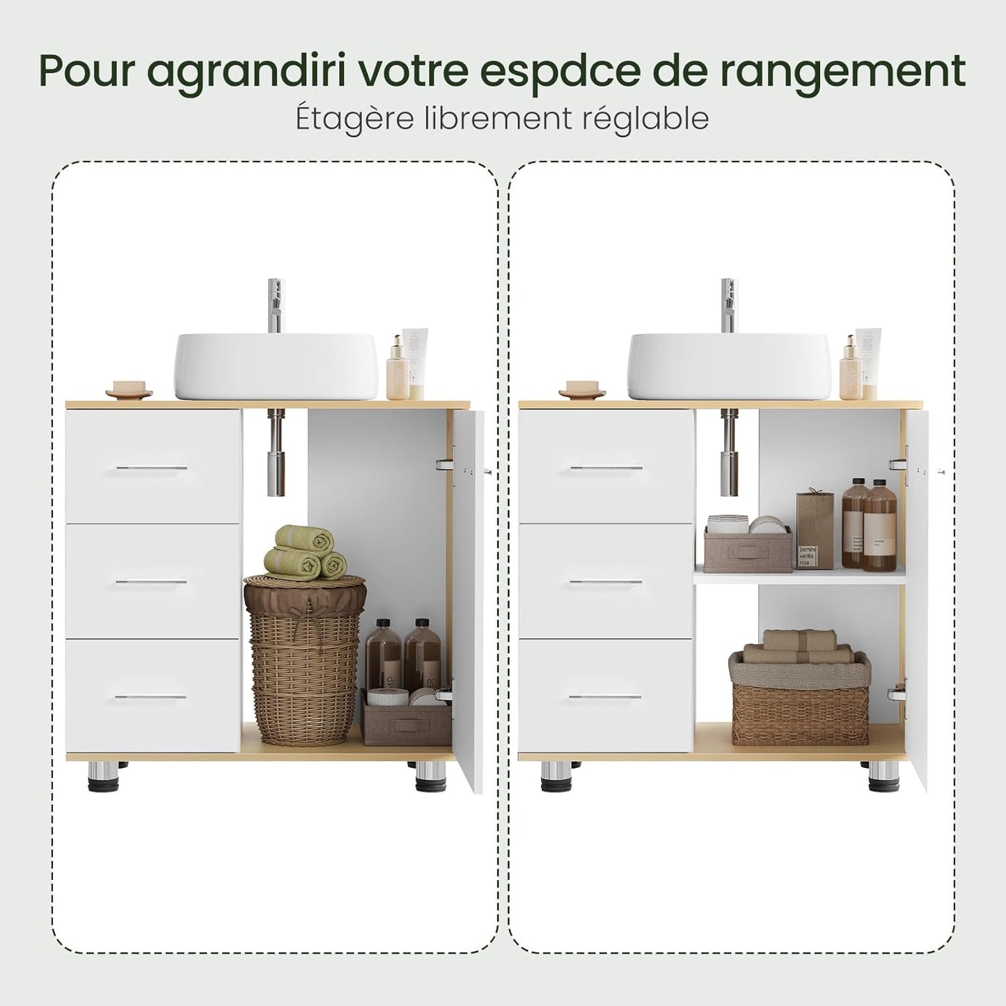 Meuble de salle de bains Eugad blanc/chêne clair - 60 x 60 x 30 cm - 3 tiroirs - Étagère réglable