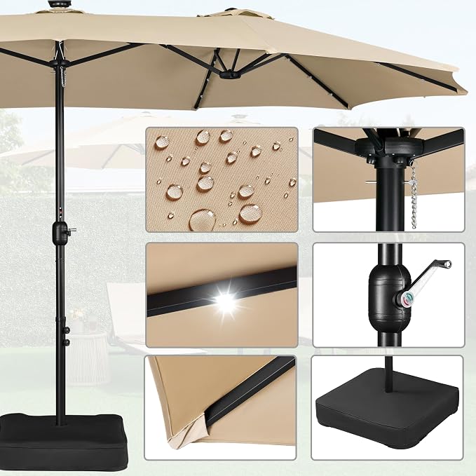 Parasol double Yaheetech 15 pieds avec éclairage LED solaire et pied - Beige - Parasol de jardin extra-large avec sacs de sable