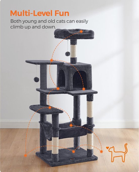 Arbre à chat - Arbre à chat avec hamac - Arbre à chat 143 cm - gris fumé