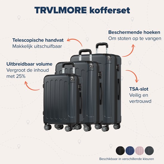 TRVLMORE Set de valises - 3 pièces - 45L bagage à main + 75L et 115L bagage spacieux - TSA Lock - Léger - Set de valises de voyage - Gris foncé