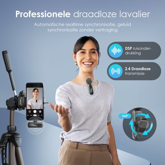 Microphone sans fil Strolox® Pro - Lot de 2 - Micro-cravate - Protège-vent - Épingle de cravate - Batterie longue durée - USB-C/Lightning - Plug & Play