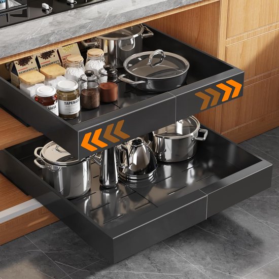 Posity Tiroir coulissant - Organisateur de meuble de cuisine - Organisateur de meuble/tiroir d'évier - tiroir intérieur de cuisine - Extensible et ajustable (32-52 cm) - Télescopique - Noir