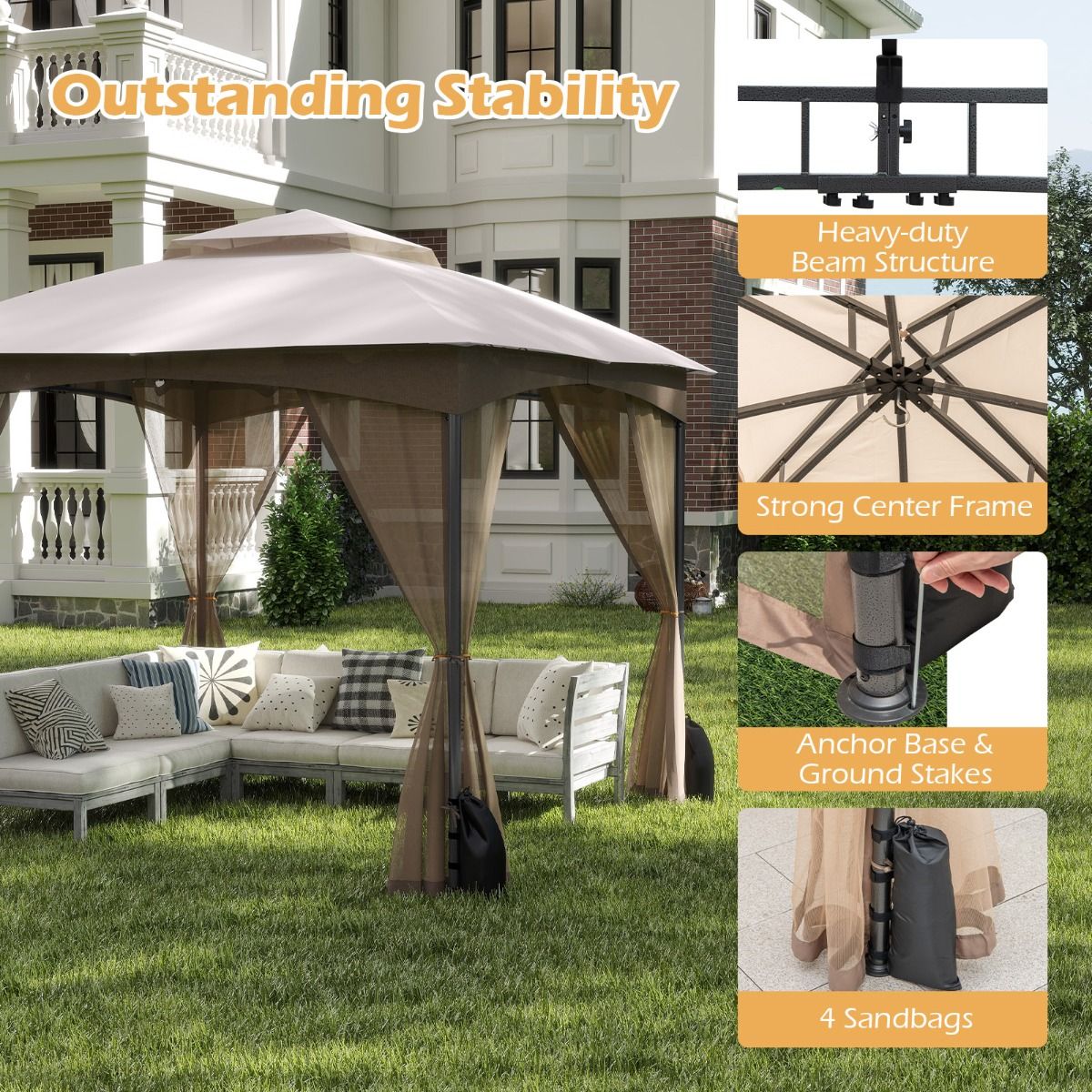 Pavillon de jardin Coast - double toit - moustiquaire et sacs de sable - kaki 3 x 3 m