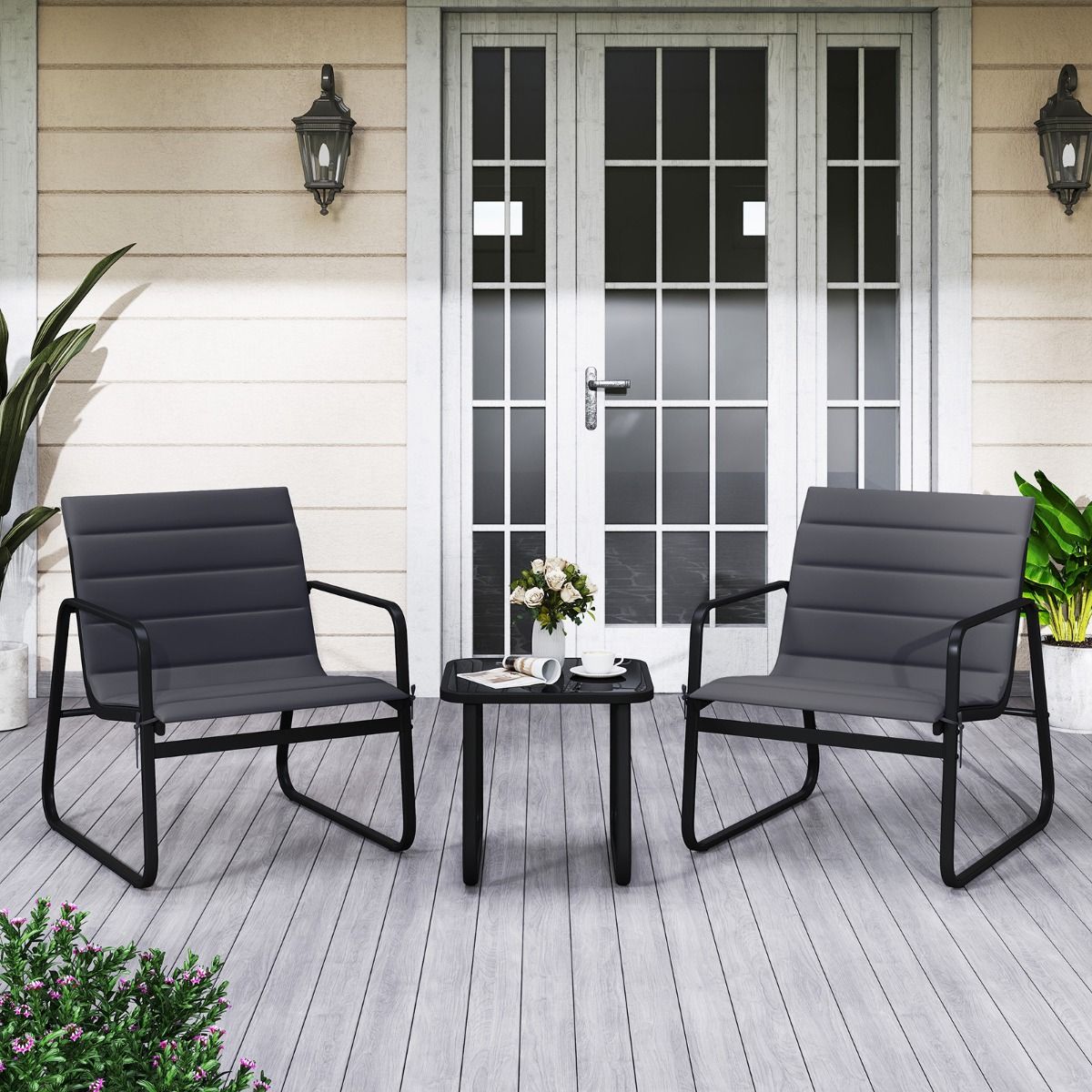 Ensemble de jardin Coast 3 pièces - chaises d'extérieur avec coussins amovibles - table d'appoint en verre trempé - gris et noir