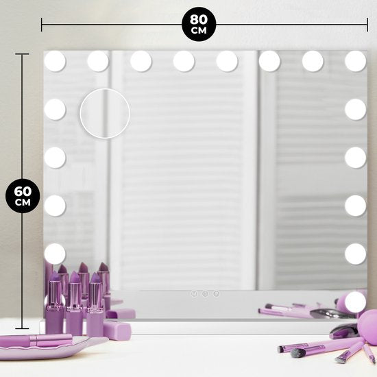 Bayt Hollywood Mirror with Lighting - Make-up Mirror with Lighting - Mirror with Lighting - Hollywood Mirror 80x60 - Dimmable - 10x Magnification - 80x60cm - White
