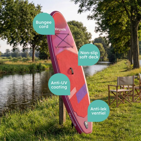 LifeGoods SUP Board All-round Compact - 100 KG Load Capacity - 300 x 76 cm - Inflatable - Complete SUP Package - Red/Lilac