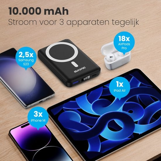 Auronic Powerbank - 10 000 mAh - 22,5W - Chargeur rapide pour iPhone 12/13/14/15 - Chargement magnétique et sans fil - Noir