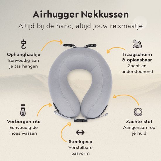 TRAVARA Oreiller cervical « The Airhugger » - Oreiller de voyage - Pour l'avion - Oreiller de voiture - Mousse à mémoire de forme - Combinaison de mousse gonflable et de mousse à mémoire de forme - Gris clair