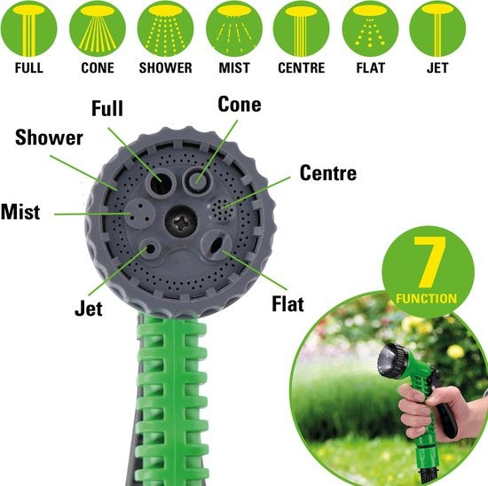 Kinzo Flexible Garden Hose 20M - Incl. attachement - Buse avec 7 modes de pulvérisation - Plastique - Vert/Gris