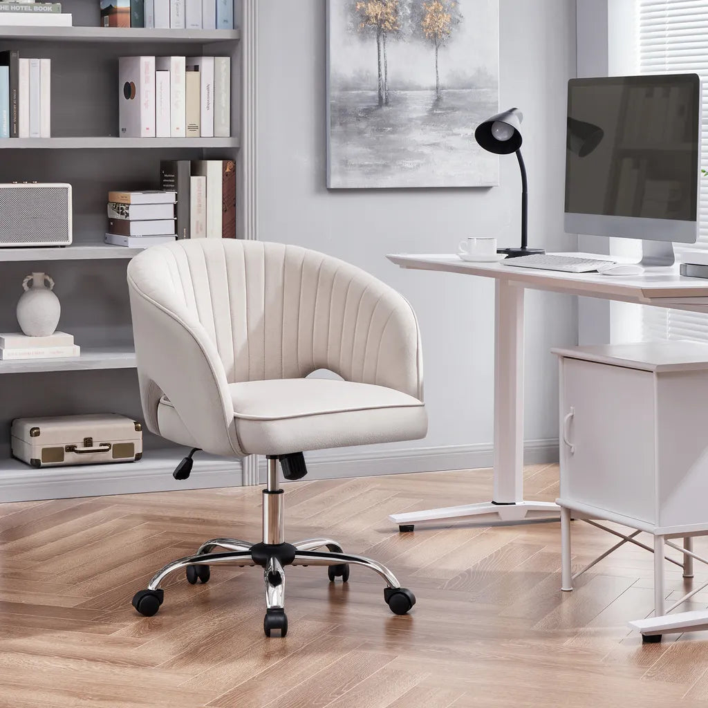 Chaise de bureau en velours Yaheetech avec accoudoirs et roulettes - Beige - 60 x 56,5 x 73-83 cm