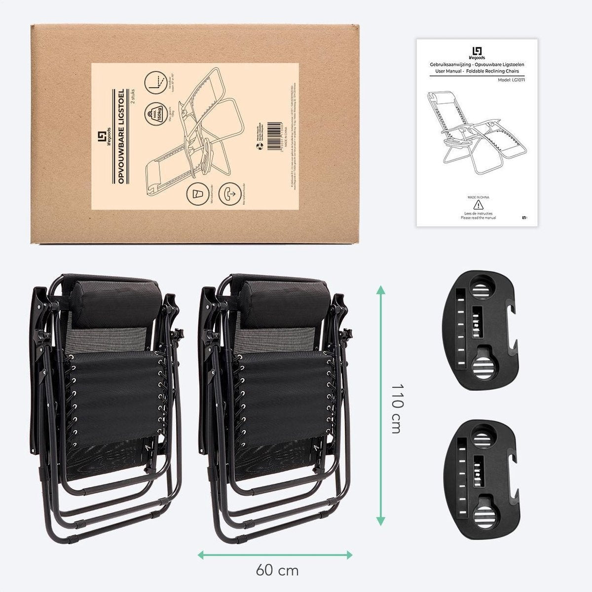 Chaises longues de jardin pliables - LifeGoods - 2 pièces - 30°-90° réglable - métal - noir