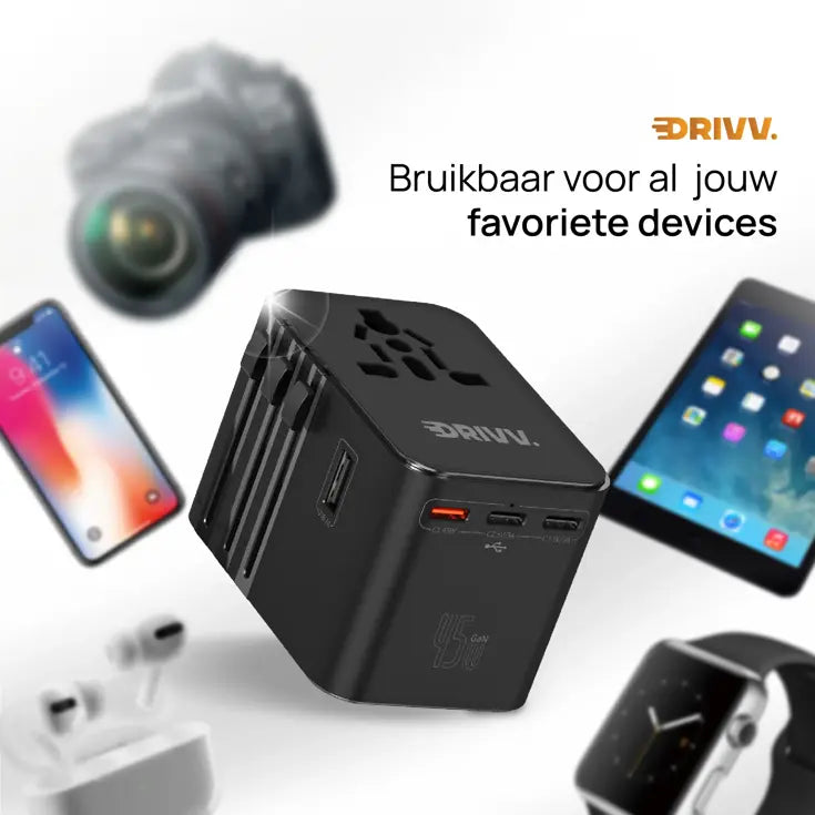 Drivv. Adaptateur universel USB-C 45 W - compatible avec plus de 180 pays - 3 ports USB-C et 2 ports USB-A - Adaptateur de voyage compact