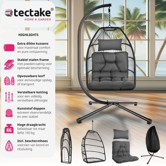 tectake® - Chaise suspendue de luxe - chaise pliante et pivotante avec support - coussins épais - pieds antidérapants - housse de protection incluse. Idéal pour le jardin, la terrasse, la chambre - gris foncé