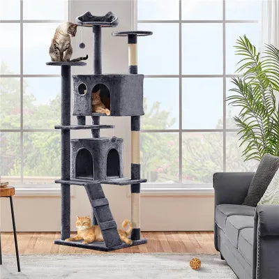 Arbre à chat Yaheetech 49 x 49 x 139 cm - Bleu marine - Arbre à chat avec 3 plateformes et 2 niches