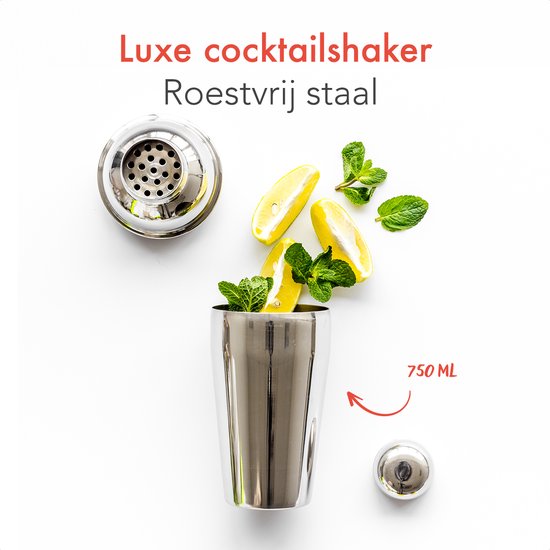 KitchenBrothers Set Cocktail - 25 pièces - Set de luxe - Shaker à cocktail (750ml) - Dark Brown/Bamboo - Avec livret de recettes - Emballage cadeau