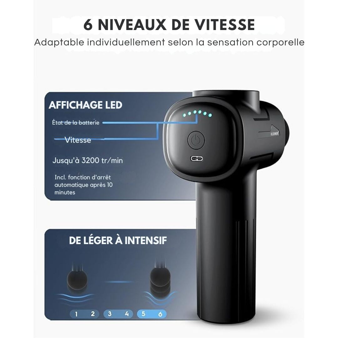 Pistolet de massage - HELDENWERK - avec 6 accessoires - 3200 rpm, USB-C, masseur musculaire - Noir