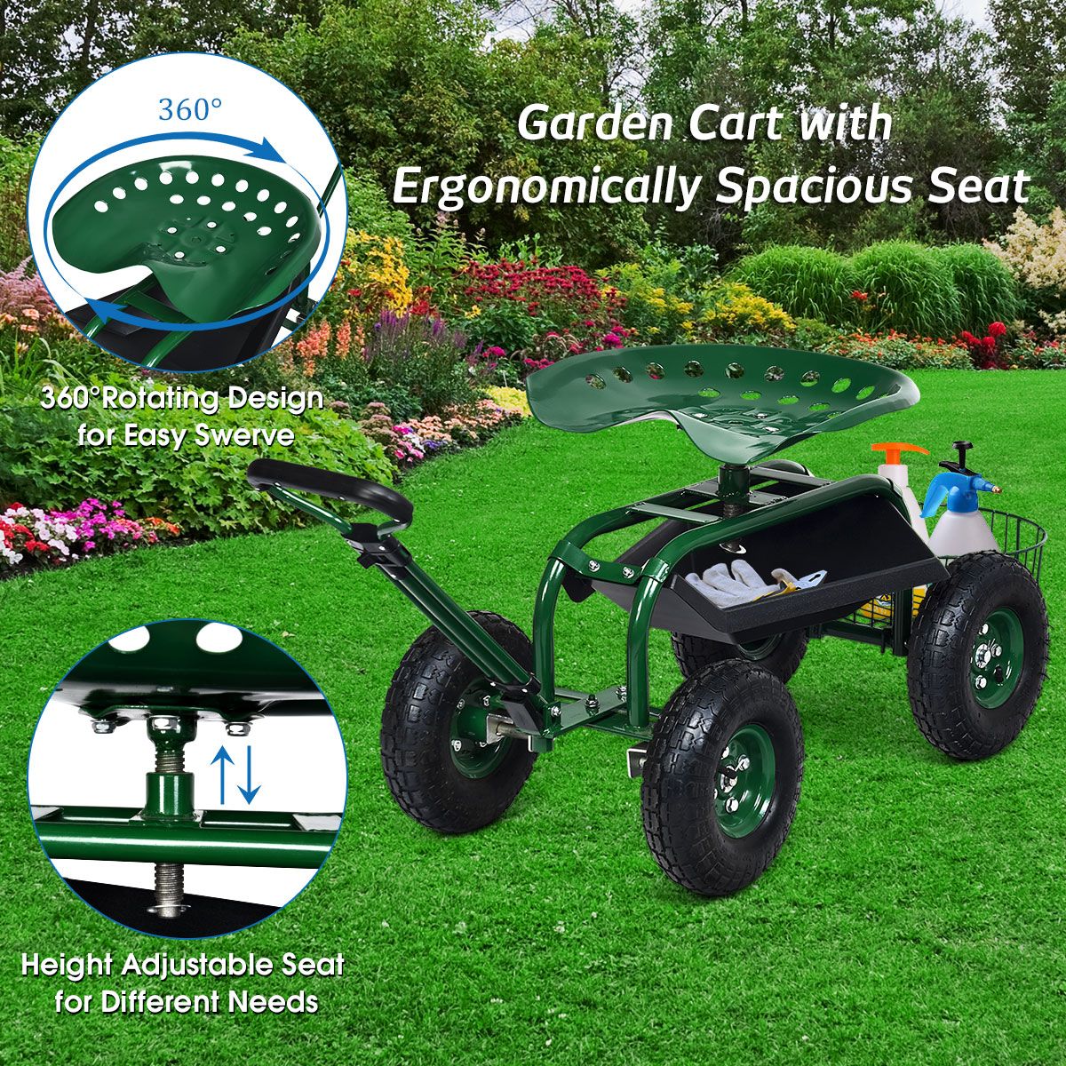 Chariot de jardin Coast avec poignée réglable - siège ergonomique - panier de rangement et bacs à outils - vert