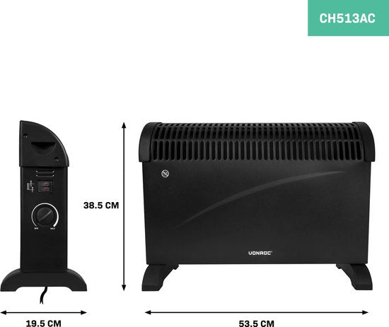 VONROC Chauffage électrique - Convecteur - 3 réglages : 750W/1250W/2000W - Thermostat réglable - Chauffe les pièces jusqu'à 24m2 - Boîtier très robuste - Silencieux - Noir