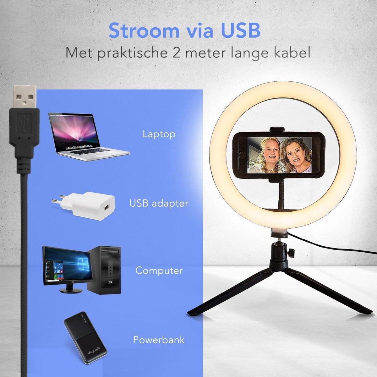 LifeGoods Lampe annulaire - LED - Avec trépied et télécommande - Support pour smartphone - Noir