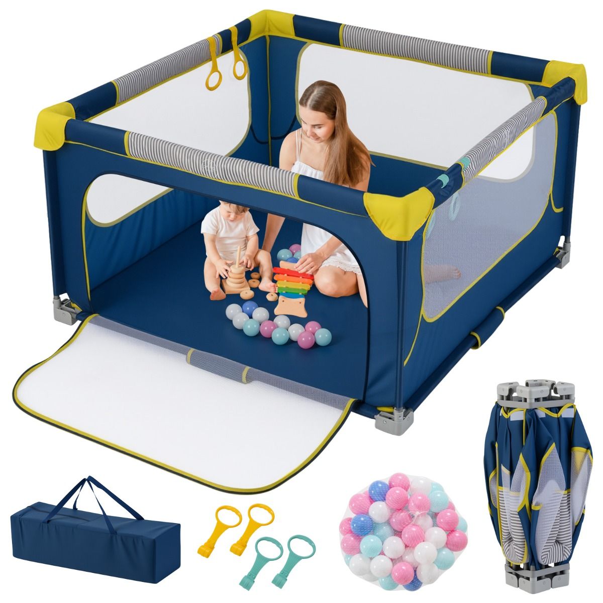 Parc pliable pour bébé Coast 127 x 127 x 72,5 cm - 50 balles et 4 anneaux à tirer - Porte à fermeture éclair - Bleu