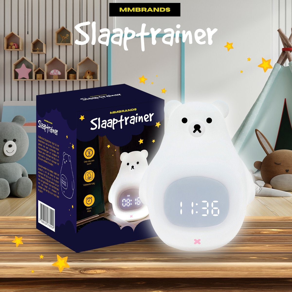 MM Brands Sleep Trainer - Réveil pour enfants - Veilleuse - Heure et température - 7 couleurs de lumière - Ours