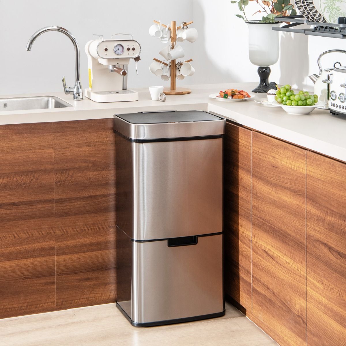 Coast 72 L Garbage Bin with Sensor - 4 Bins, Silver, 42 x 32-58 x 84-110 cm, Electric Garbage Bin with Soft Closure for Kitchen and Office