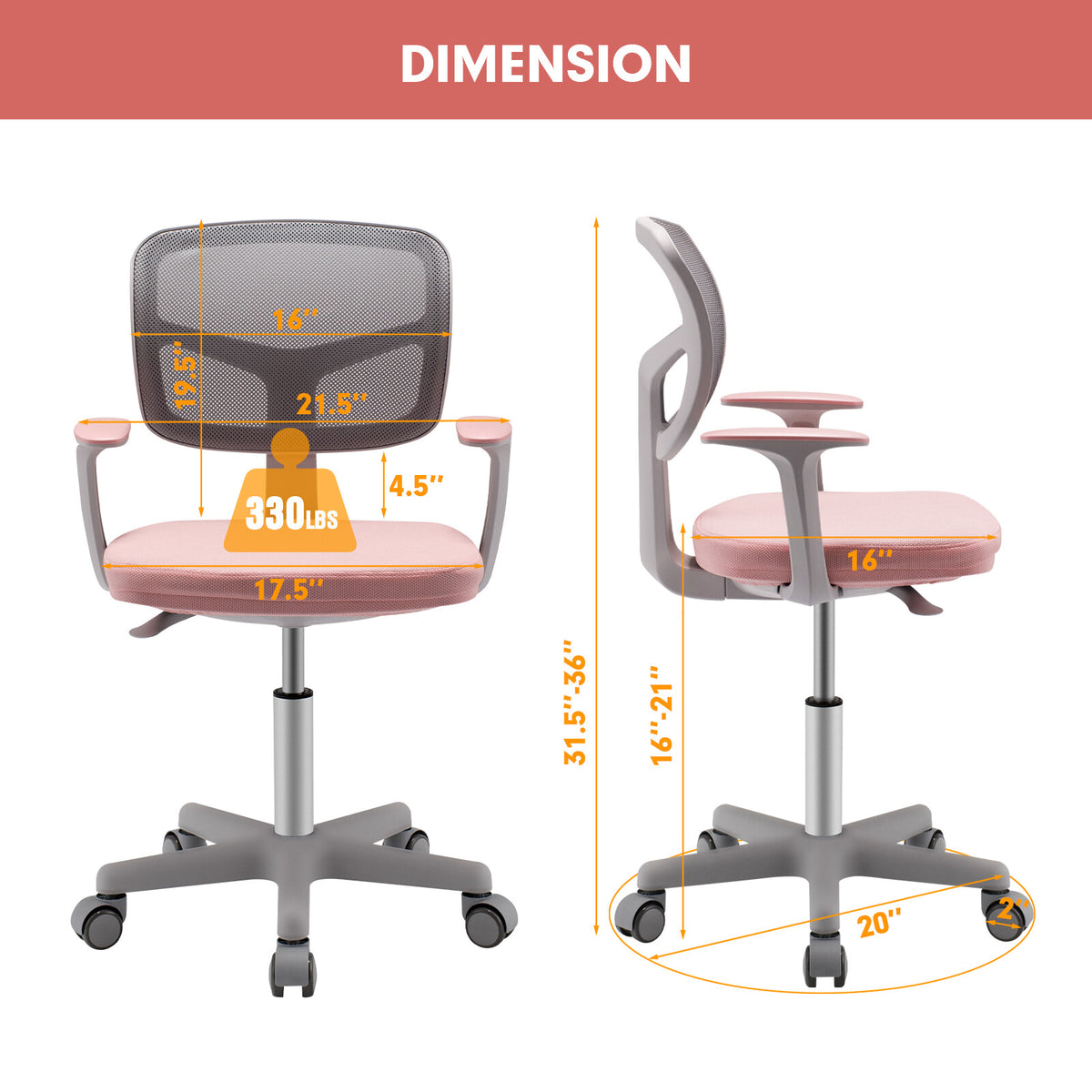 COAST Chaise de bureau pour enfant - Réglable en hauteur - Pivotant à 360° - Avec accoudoirs et dossier - Pour les enfants de 3 à 10 ans - Rose