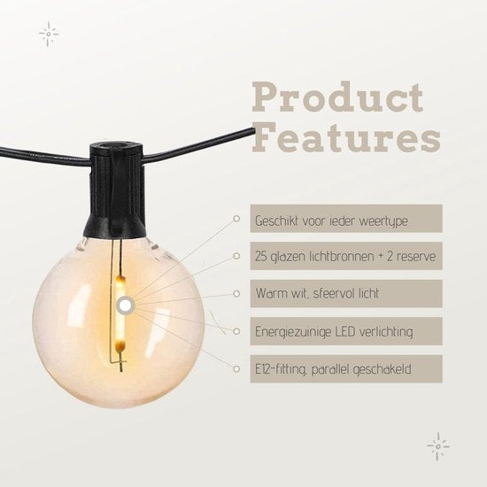 a sunny day Guirlande lumineuse d'extérieur - Guirlande lumineuse - Comprend 25 ampoules XL Led pour l'extérieur - 7,5 mètres - Cordon à piquer - Guirlande lumineuse d'intérieur - Guirlande lumineuse de jardin - Lumière blanc chaud