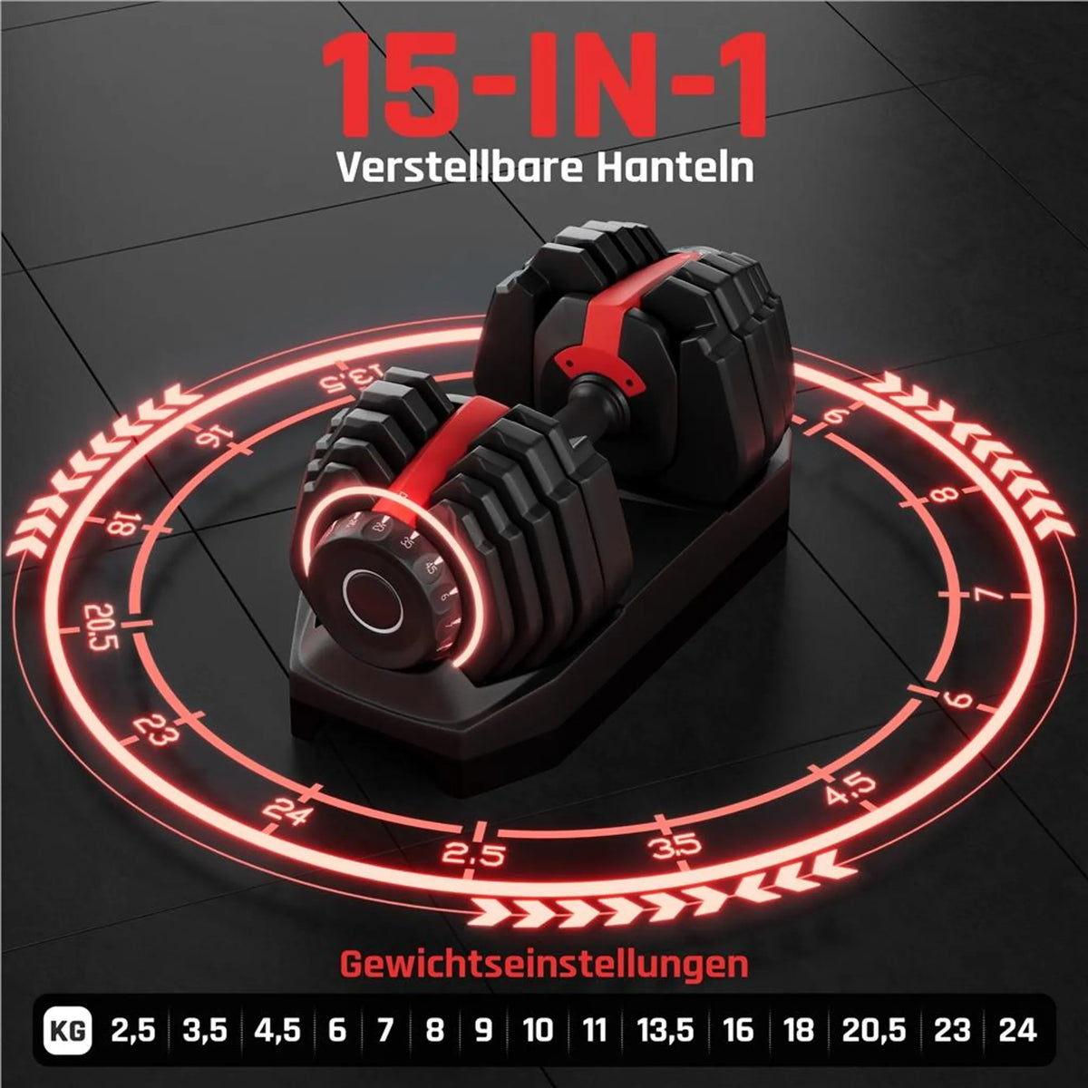Ensemble d'haltères réglables Yaheetech 2,5-24 kg - Réglage rapide 15 en 1 - Noir/Rouge - 42 x 21,5 x 22 cm