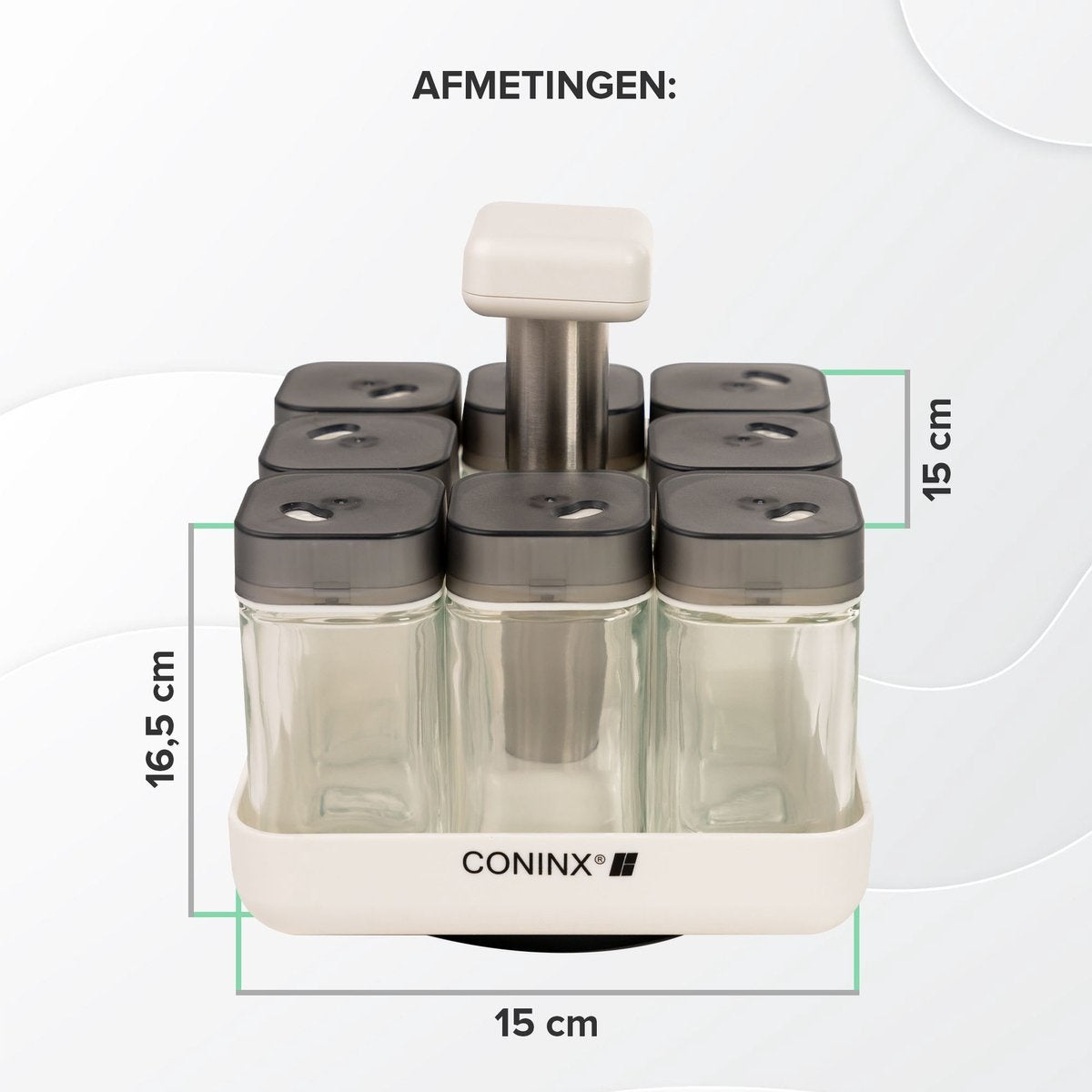 Coninx Kruidenrek Staand met 8 Kruidenpotjes met strooideksel - Draaiend Kruidenrek met Glazen Potjes - Kruidencarrousel Draaibaar - Wit / RVS