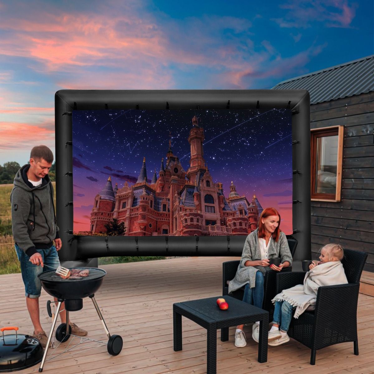 Ecran de projection gonflable Coast - Intérieur et extérieur - Ecran de cinéma avec soufflerie d'air et pointes au sol - Double face - Noir
