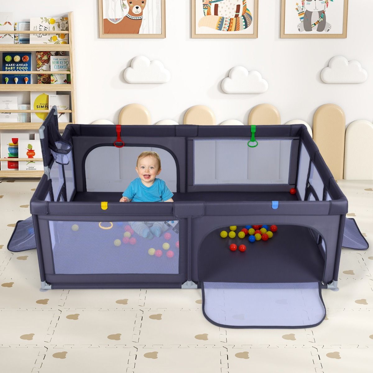 Parc pour bébés Coast 207x145x68 cm Gris foncé - Grand parc pour bébés - Avec anneau de basket et filets de football - Comprend 50 ballons Ocean et anneaux de préhension - Design sûr et spacieux