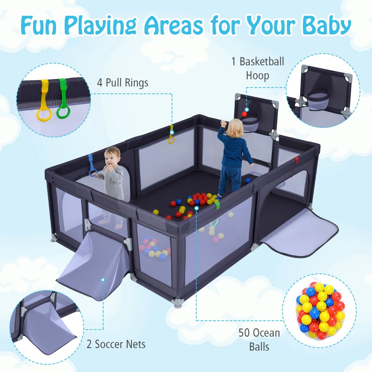 Parc pour bébés Coast 207x145x68 cm Gris foncé - Grand parc pour bébés - Avec anneau de basket et filets de football - Comprend 50 ballons Ocean et anneaux de préhension - Design sûr et spacieux