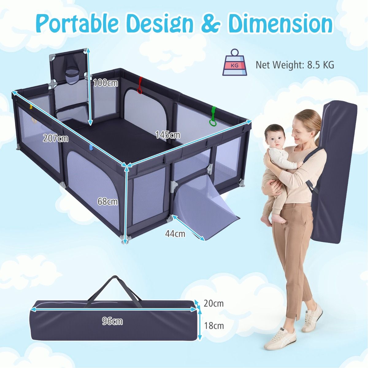 Parc pour bébés Coast 207x145x68 cm Gris foncé - Grand parc pour bébés - Avec anneau de basket et filets de football - Comprend 50 ballons Ocean et anneaux de préhension - Design sûr et spacieux