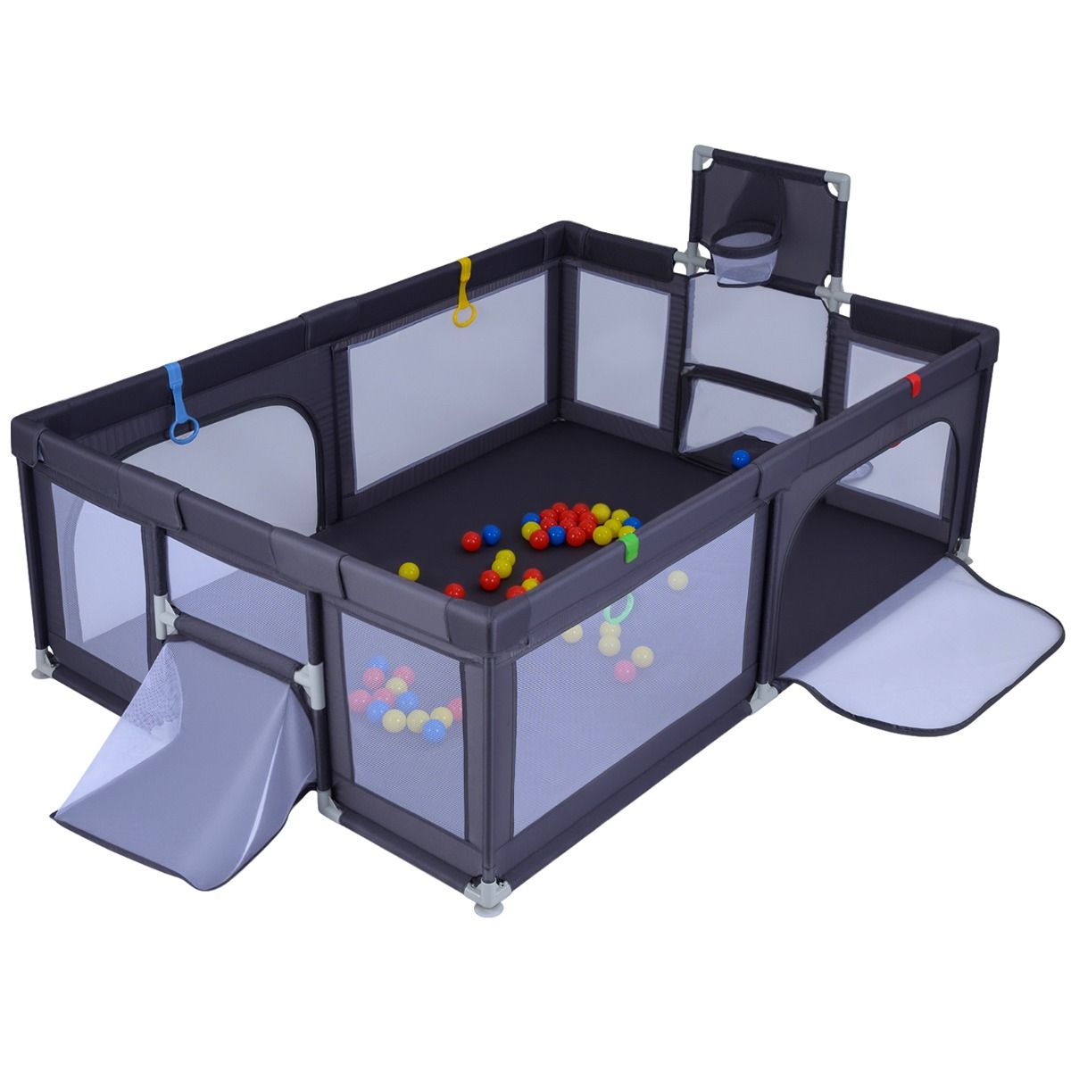 Parc pour bébés Coast 207x145x68 cm Gris foncé - Grand parc pour bébés - Avec anneau de basket et filets de football - Comprend 50 ballons Ocean et anneaux de préhension - Design sûr et spacieux