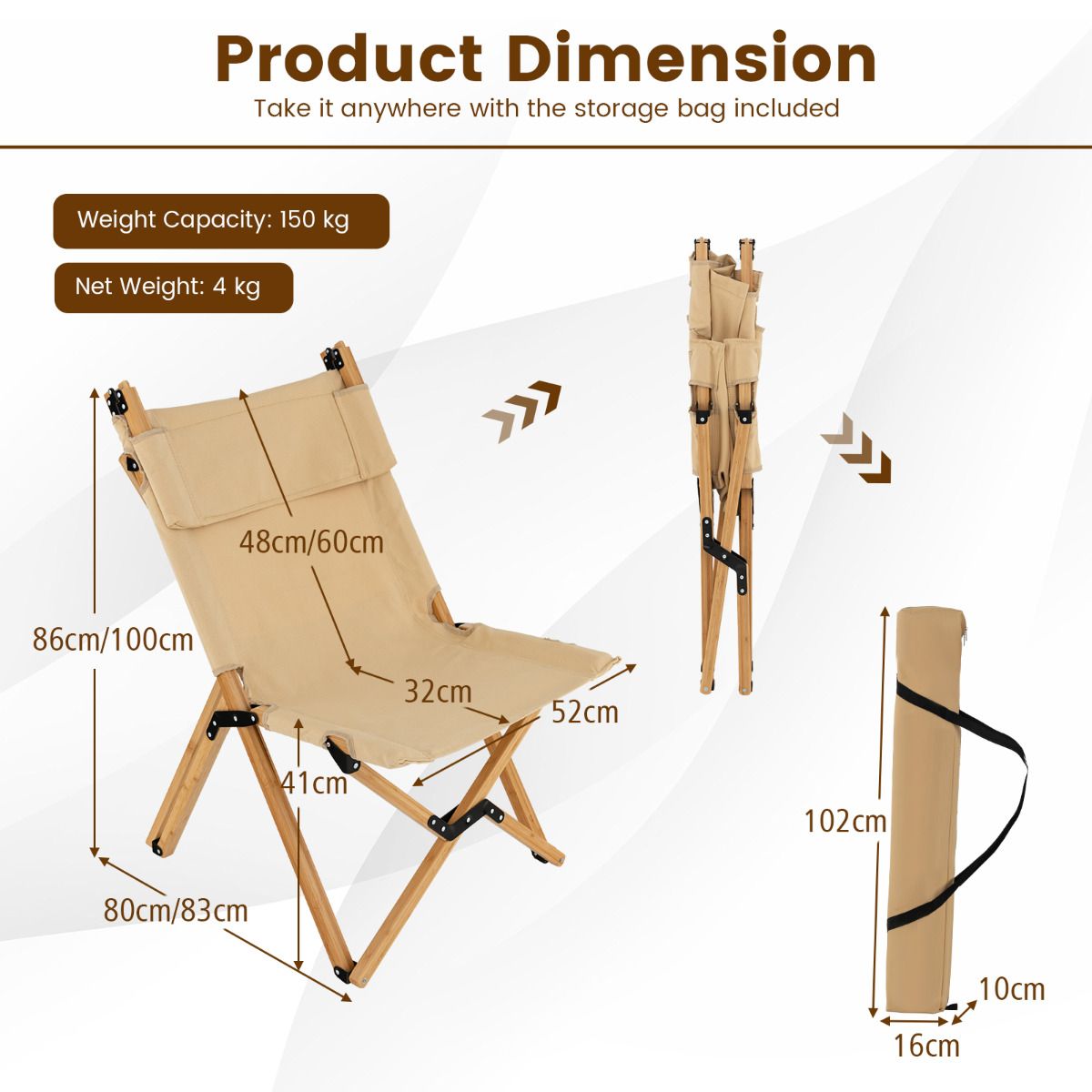 Chaise de camping pliable Coast - Bambou - Dossier réglable - Sac de transport inclus - Naturel