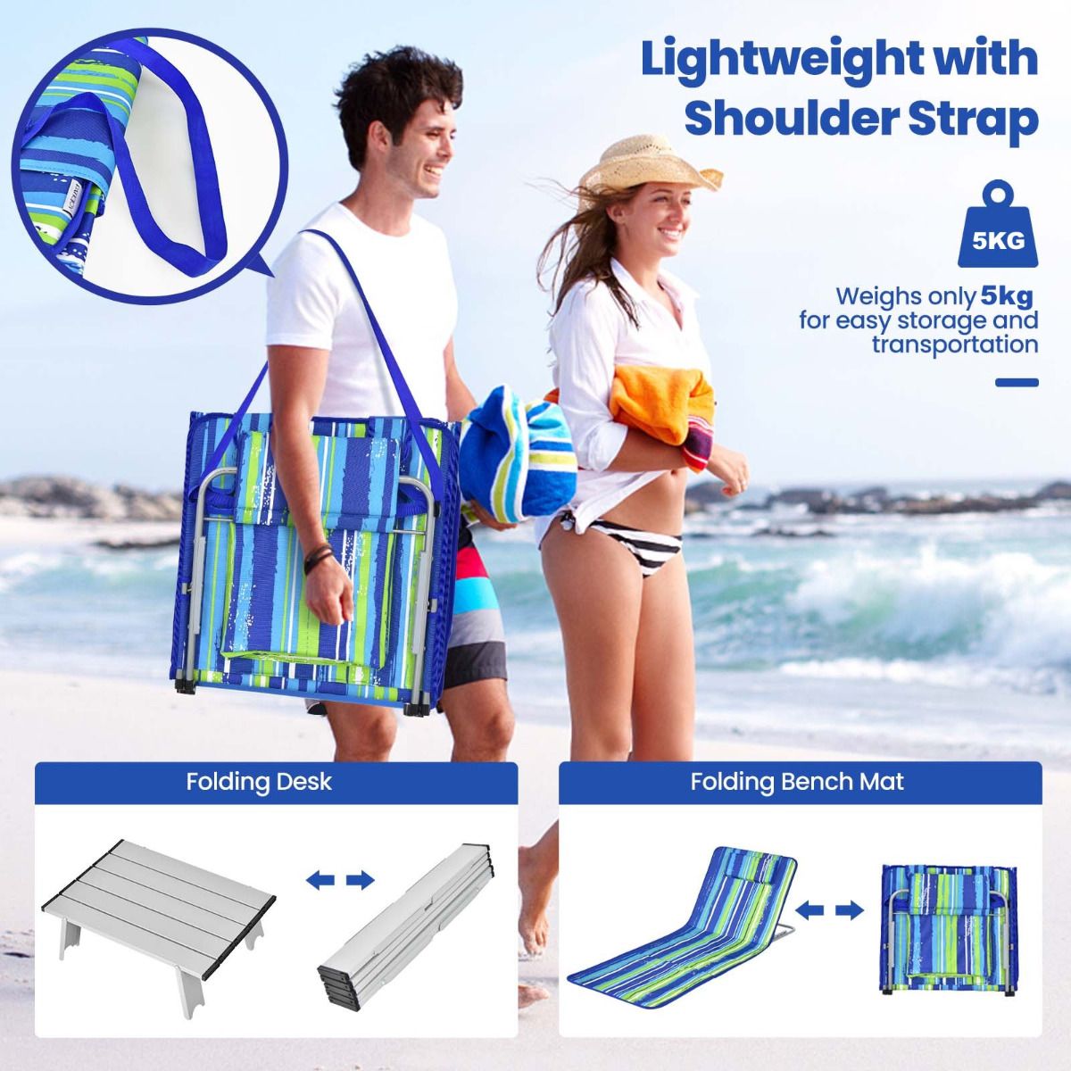 Tapis de plage Coast (2 pièces) avec table d'appoint - 151 x 56 x 27 cm - Vert / Bleu