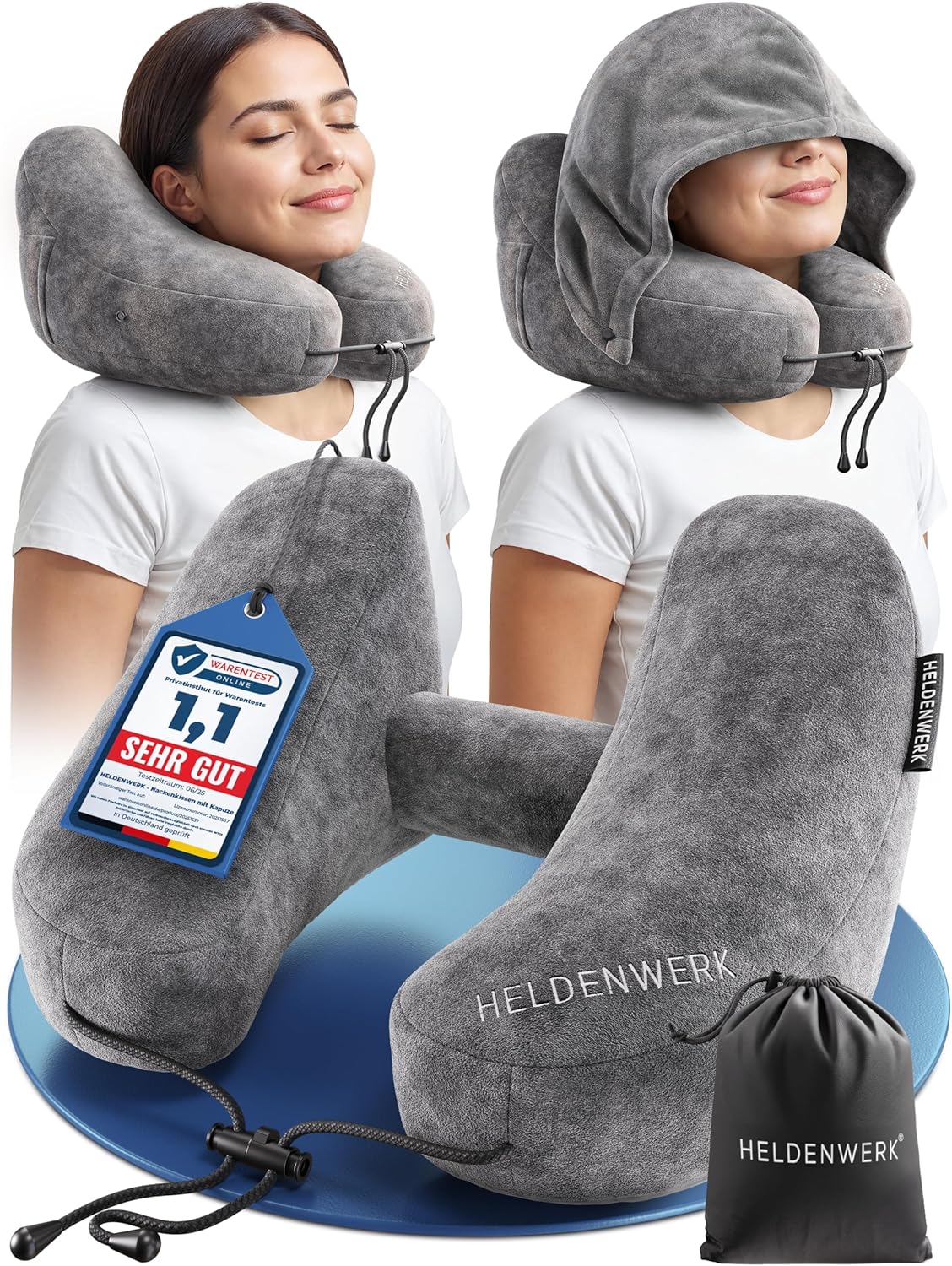 Oreiller gonflable pour la nuque Heldenwerk Premium Air - Gris foncé - Petite taille - Avec capuche et bouchons d'oreille