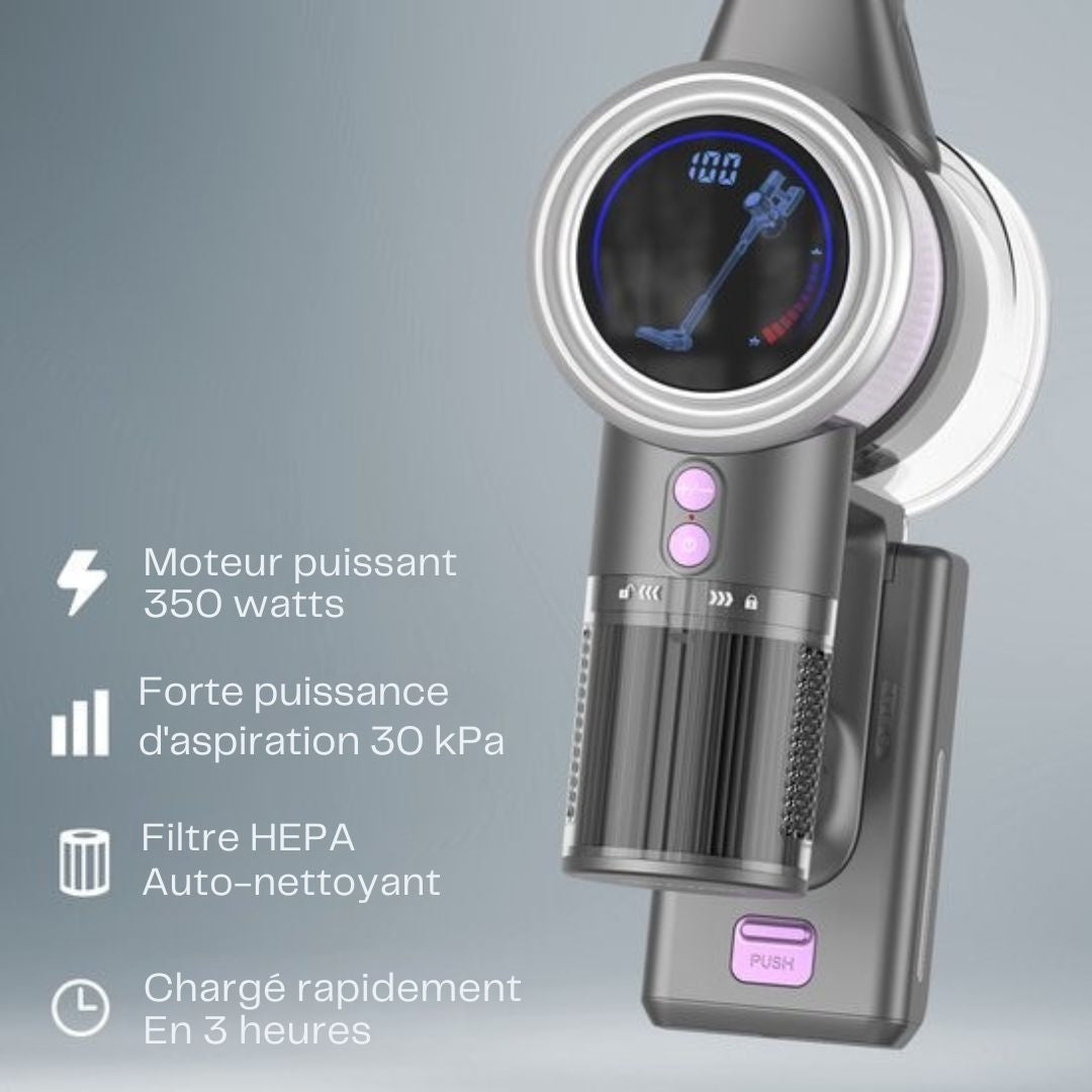 Aspirateur sans fil - Auronic - Sans sac - Sur batterie - Autonome - 350W - Batterie supplémentaire - Gris/Pourpre