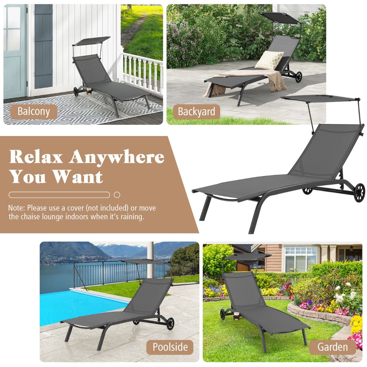 Coast Terrace Lounger Chaise longue pour l'extérieur Gris 165-191x61x40-96 cm Dossier réglable avec capuche et porte-gobelet