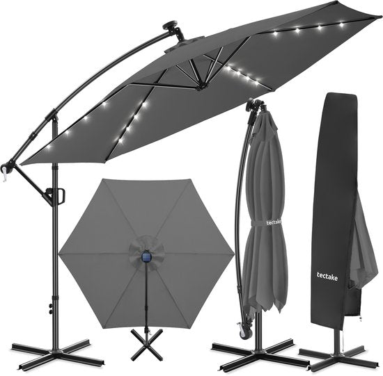 tectake® Parasol suspendu avec pied - 3,5 x 3,5 m - Parasol de jardin avec éclairage LED à énergie solaire - Orientable - Polyester hydrofuge avec protection UV - Housse incluse - Gris