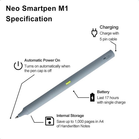 Neolab Smartpen M1 - stylo numérique - écriture numérique - stylo intelligent - Gris