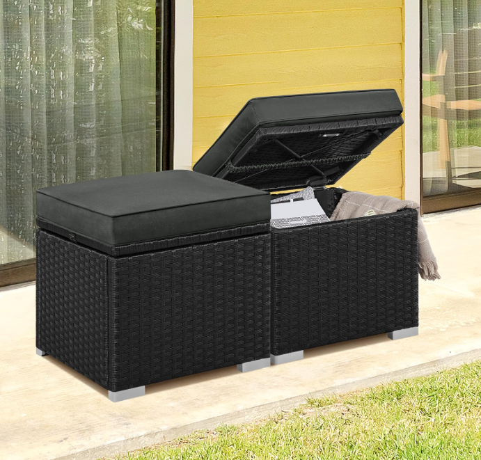 Lot de 2 poufs en rotin Yaheetech, noir/gris, 39,4 x 39,4 x 40,6 cm