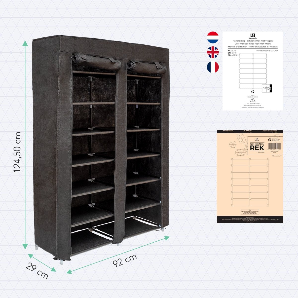 Rangement à chaussures LifeGoods - 7 couches - 28 paires de chaussures - Verrouillable - Noir