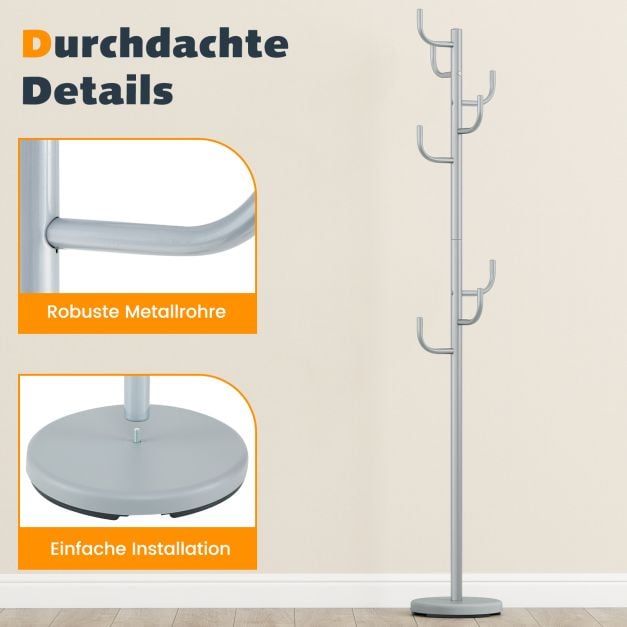 Coast Coat Stand Silver - Porte-manteau moderne en forme de cactus avec 8 crochets - 26.67 x 119/175 cm
