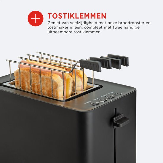 Bourgini Toasti Toaster - Grille-pain avec pinces Toasti - Noir- Fente extra-large convenant à 2 sandwichs grillés - Réglage du brunissement et fonction de décongélation