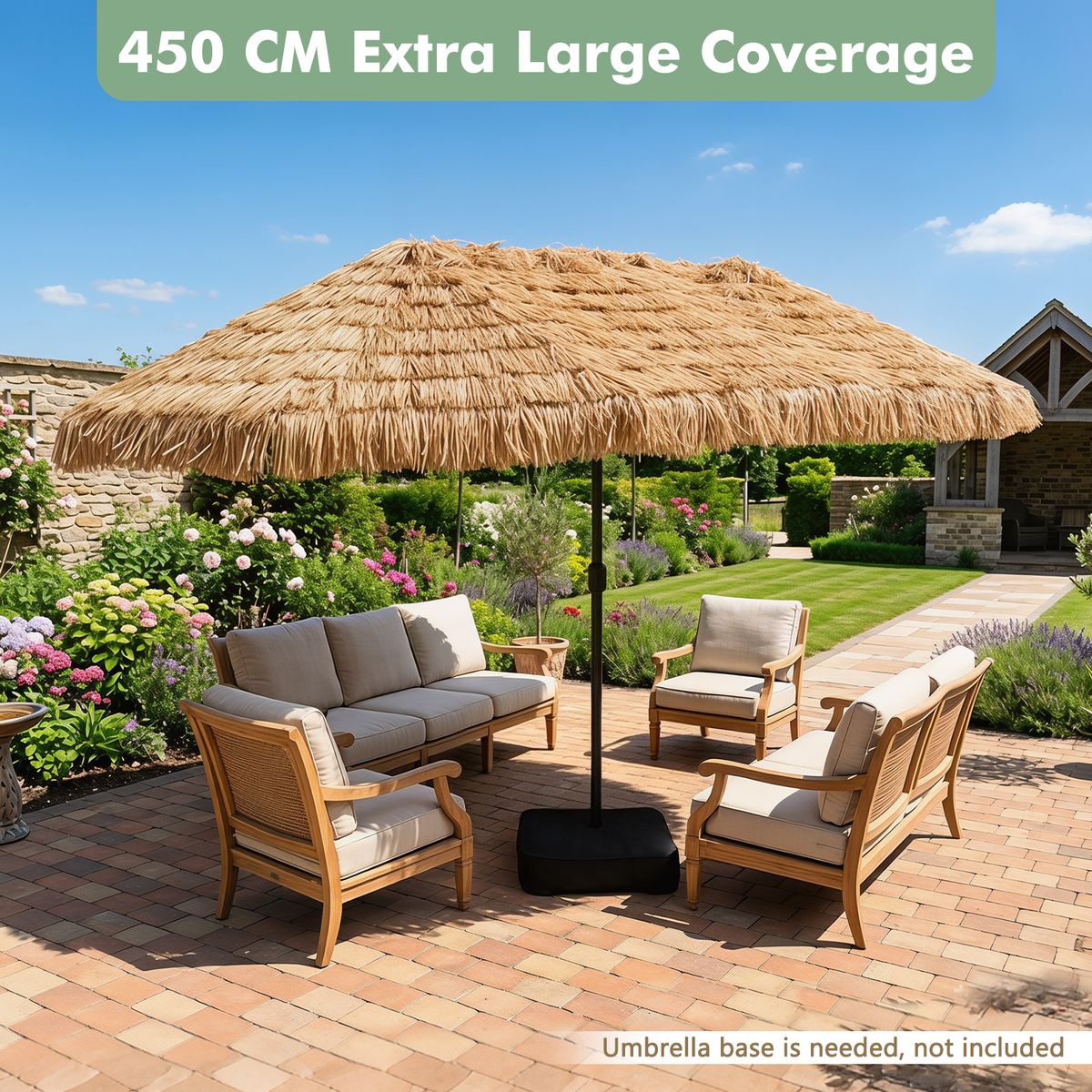 Parasol double en paille Coast - style hawaïen tropical - sans lampe, sans pied de parasol - 450 x 270 cm - couleur naturelle