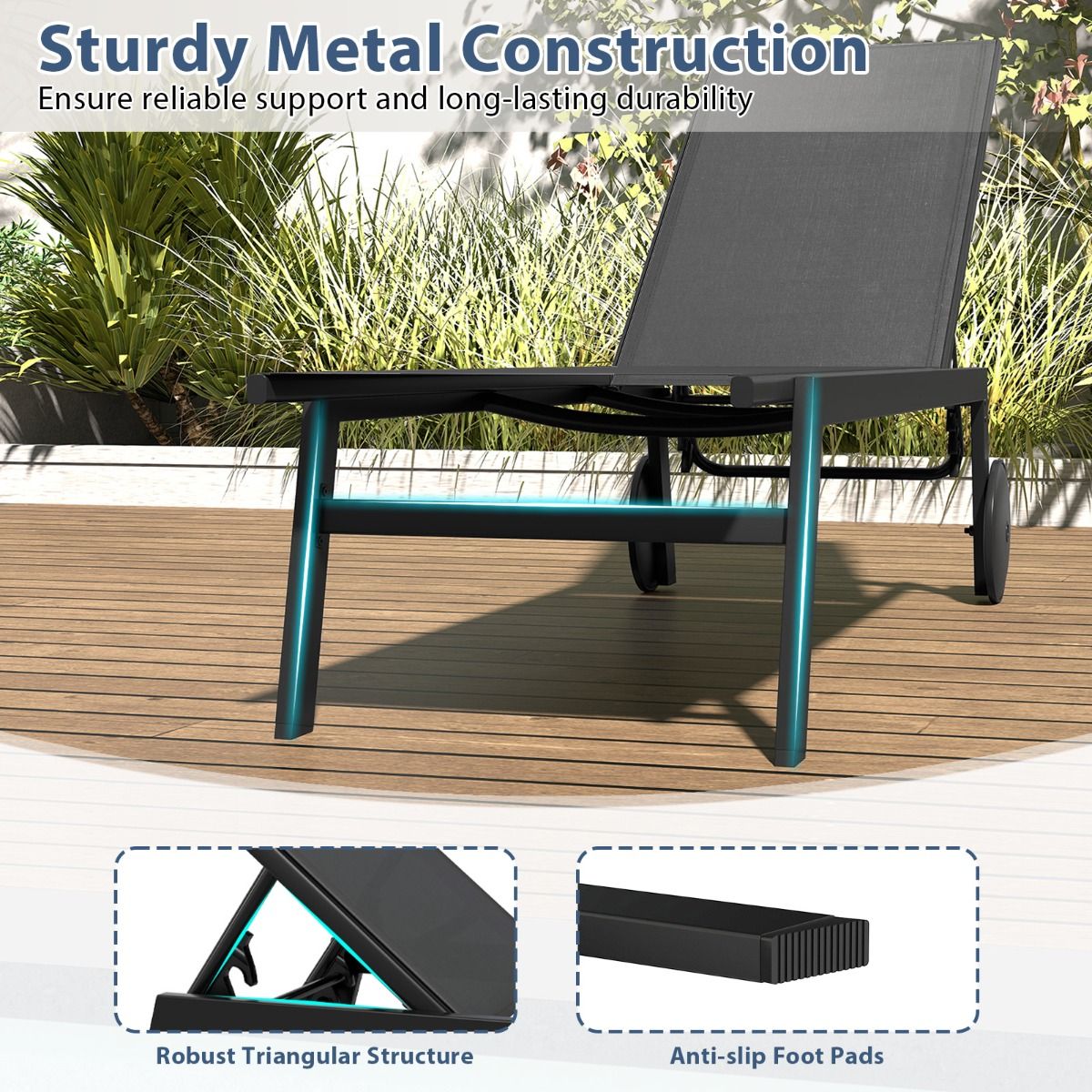 Coast Garden Lounger on Wheels 2-Piece Set - Chaises longues en métal réglables avec 6 supports - Gris - 190 x 59 x 33.5-99 cm