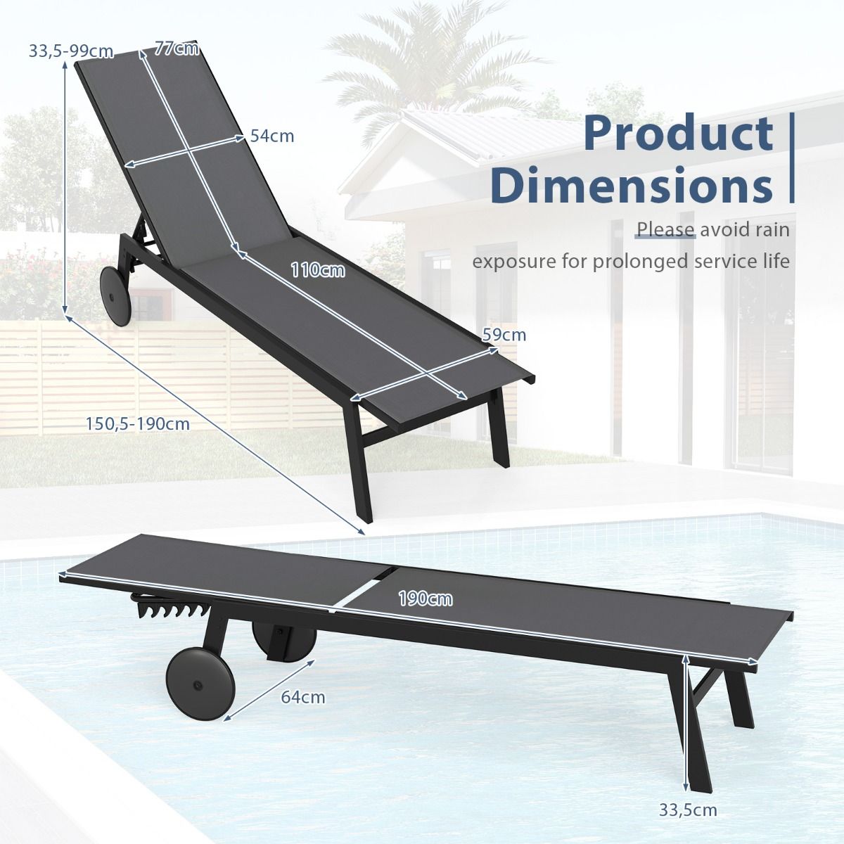 Coast Garden Lounger on Wheels 2-Piece Set - Chaises longues en métal réglables avec 6 supports - Gris - 190 x 59 x 33.5-99 cm